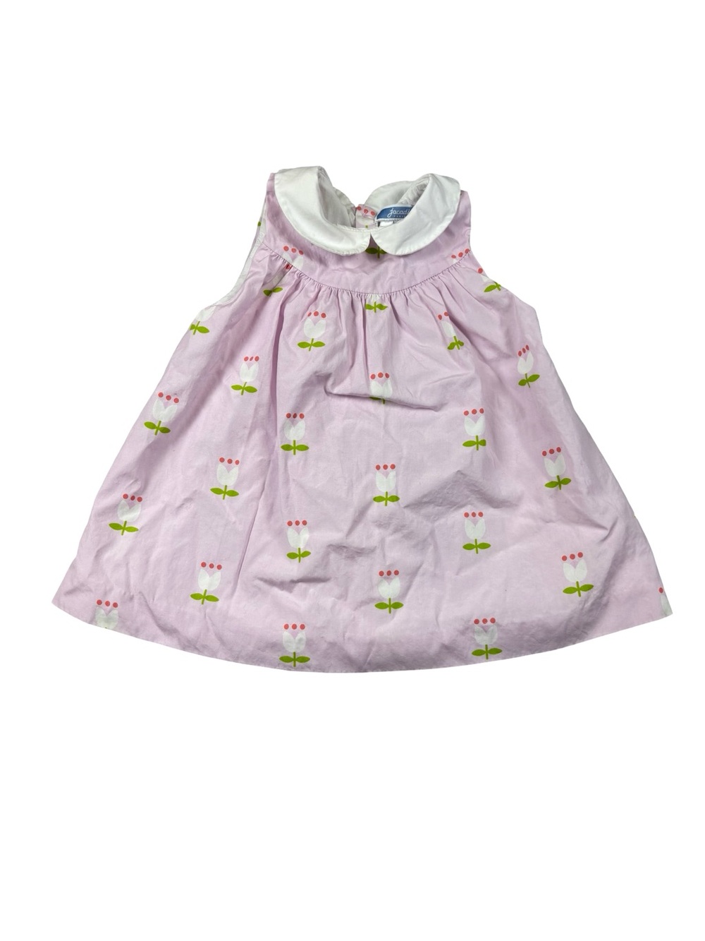 Jacadi Paris Baby Girl Dress 12M 74cm Pink Tulip Peter Pan Collar Cotton EUC